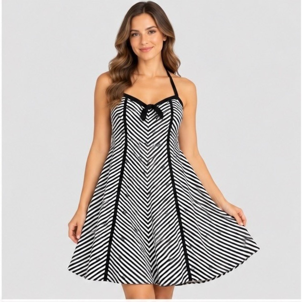 Barbie Women 18 Black White Striped Halter Dress Fit Flare Y2K McBling Pinup A58